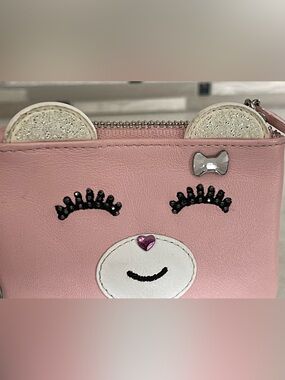 SWAROVSKI Pink Leather Teddy Bear Coin Purse with Crystal Details *RARE* EUC